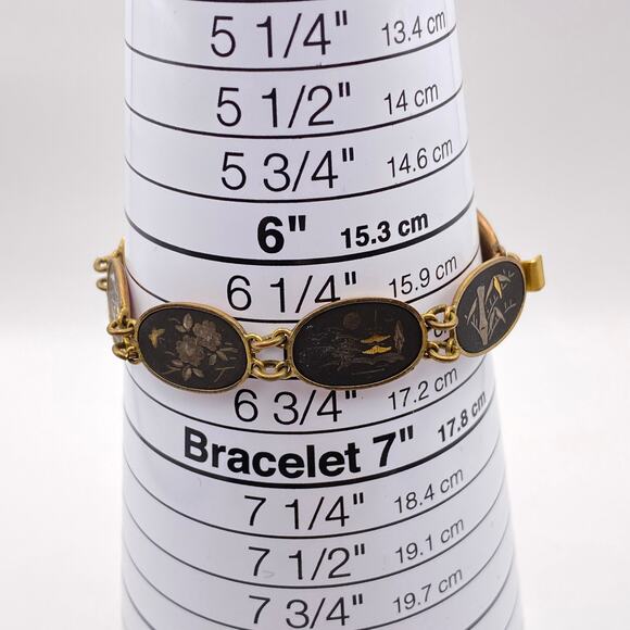 Signed JAPAN Bracelet Vge Japanese Damascene Nature Scenes 1950s Black Gold Tone - Picture 15 of 16